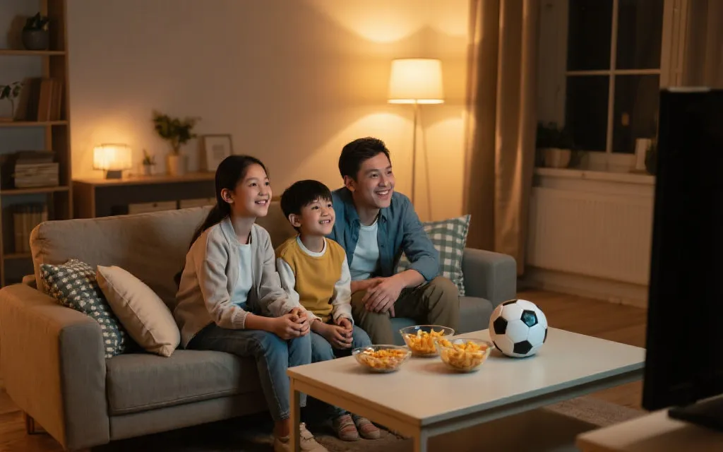 家庭在客厅安静观赛，柔和灯光与小零食，温暖氛围